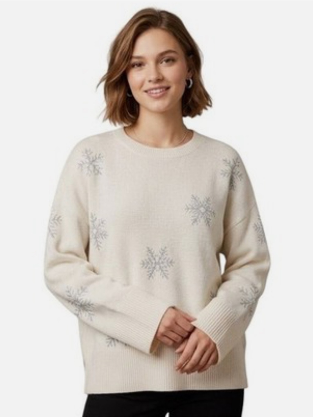 LOFT Cream Crewneck Sweater with Silver Snowflake Motif - Women’s Size L